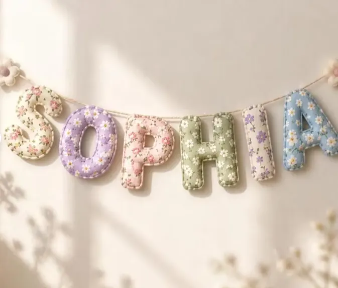 Banner com o nome Sophia feito de letras de tecido pendurado na parede