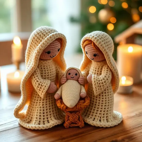 Três personagens de presépio em crochê: dois adultos e um bebê em um mini berço