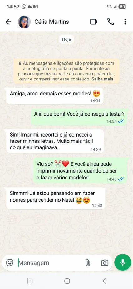 Conversa de WhatsApp de Célia Martins elogiando os moldes