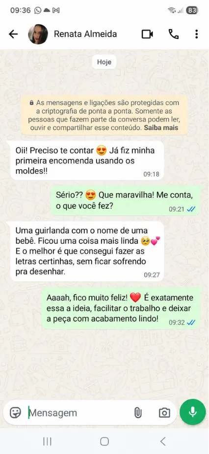 Conversa de WhatsApp de Renata Almeida sobre sua primeira encomenda