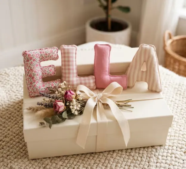Caixa de presente decorada com o nome Ella em letras de tecido