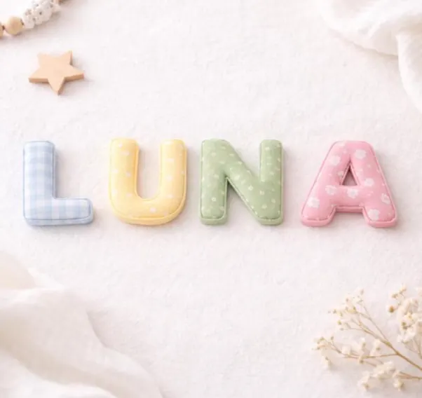 Nome Luna formado por letras de tecido coloridas sobre manta branca
