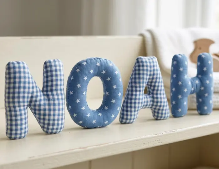Nome Noah em letras de tecido azul xadrez sobre prateleira