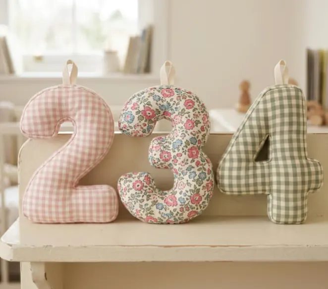 Números 2, 3 e 4 de tecido acolchoado para decoração infantil