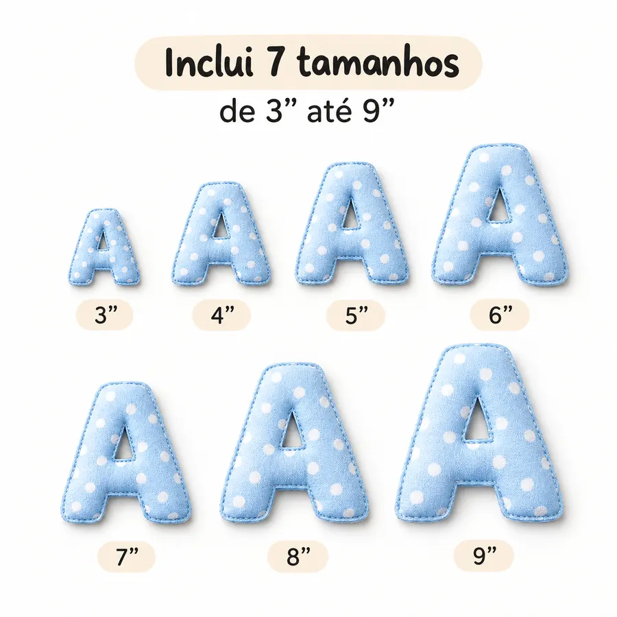 Letra A de tecido azul com poás brancos nos 7 tamanhos incluídos, de 3 a 9 polegadas